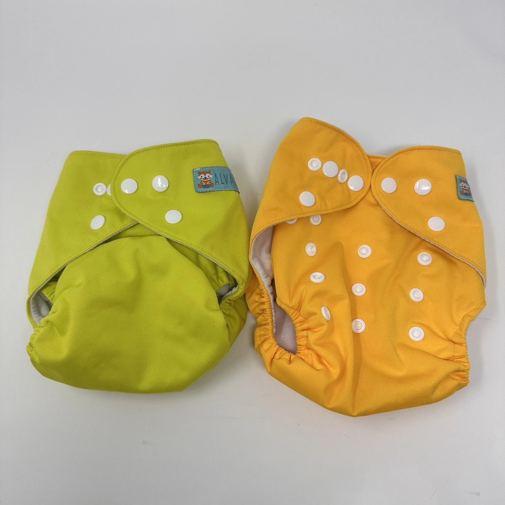 AlvaBaby Pocket Cloth Diapers Set of 2 Adjustable Snap Green Yellow Solid Colors - Picture 4 of 5